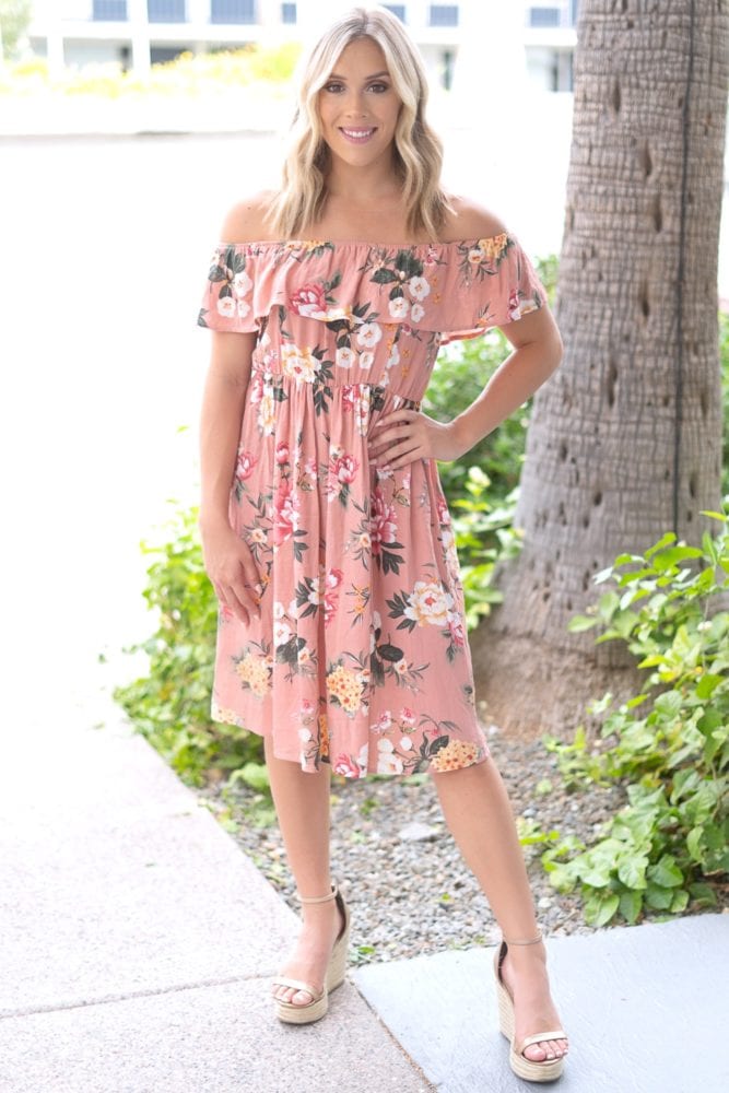 blush off the shoulder dress