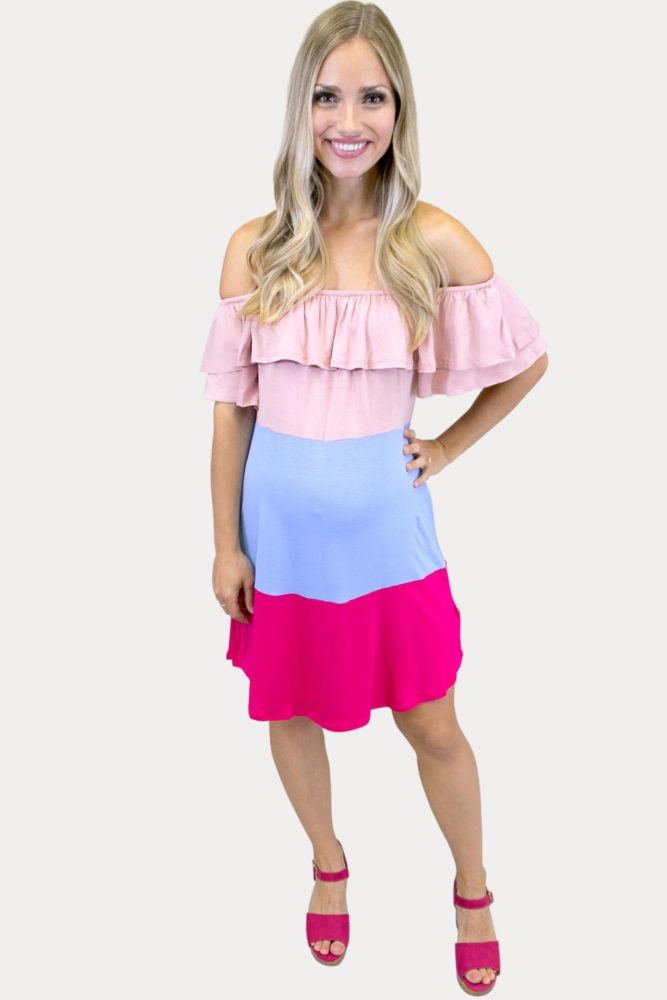 off shoulder gender reveal dress