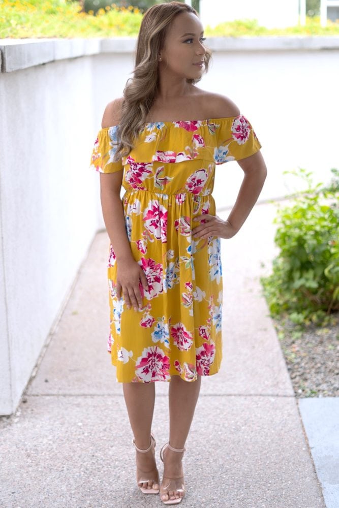 yellow off the shoulder dress