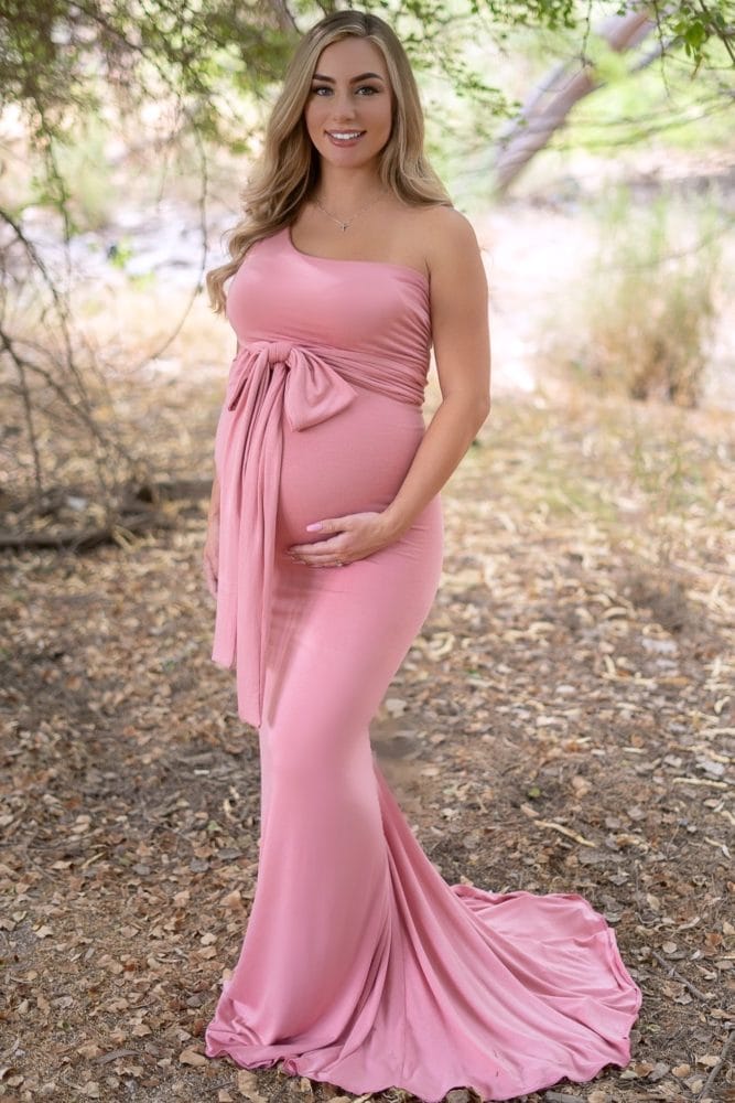 flattering one shoulder maternity gown