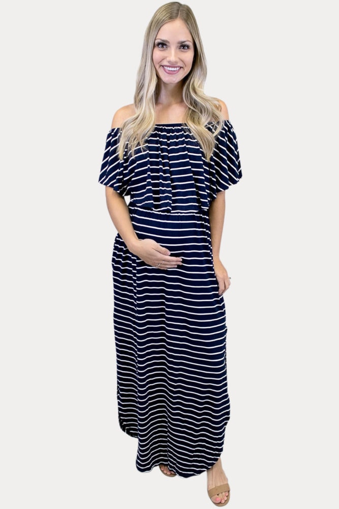 off shoulder striped maternity maxi