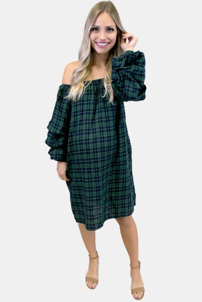 green plaid maternity dress