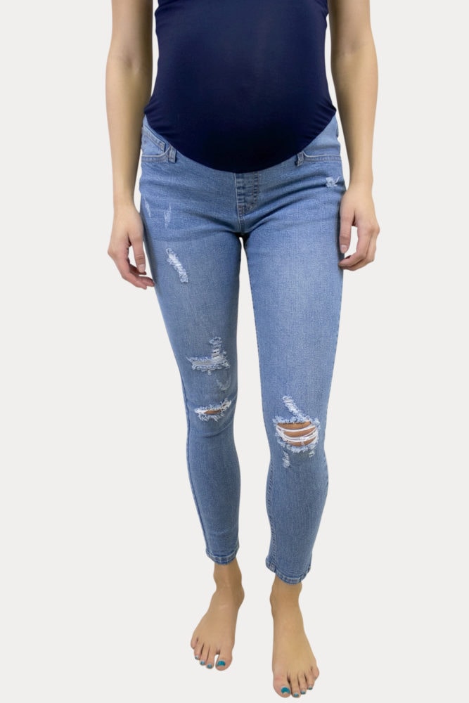medium wash distressed maternity jeans