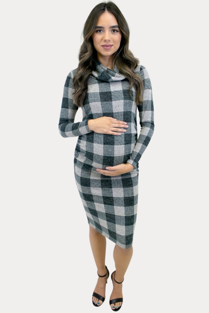 cowl neck plaid pregnancy dress
