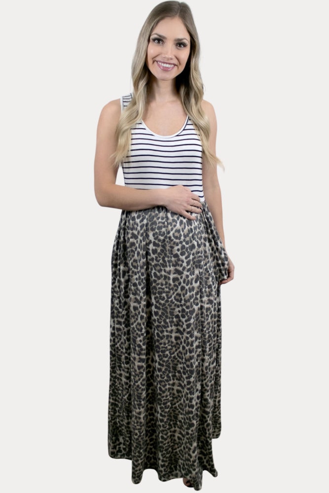 leopard color block pregnancy maxi