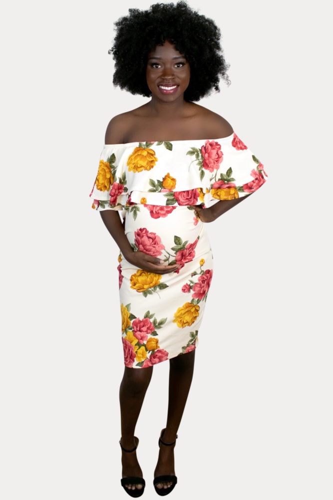 cream floral maternity bodycon