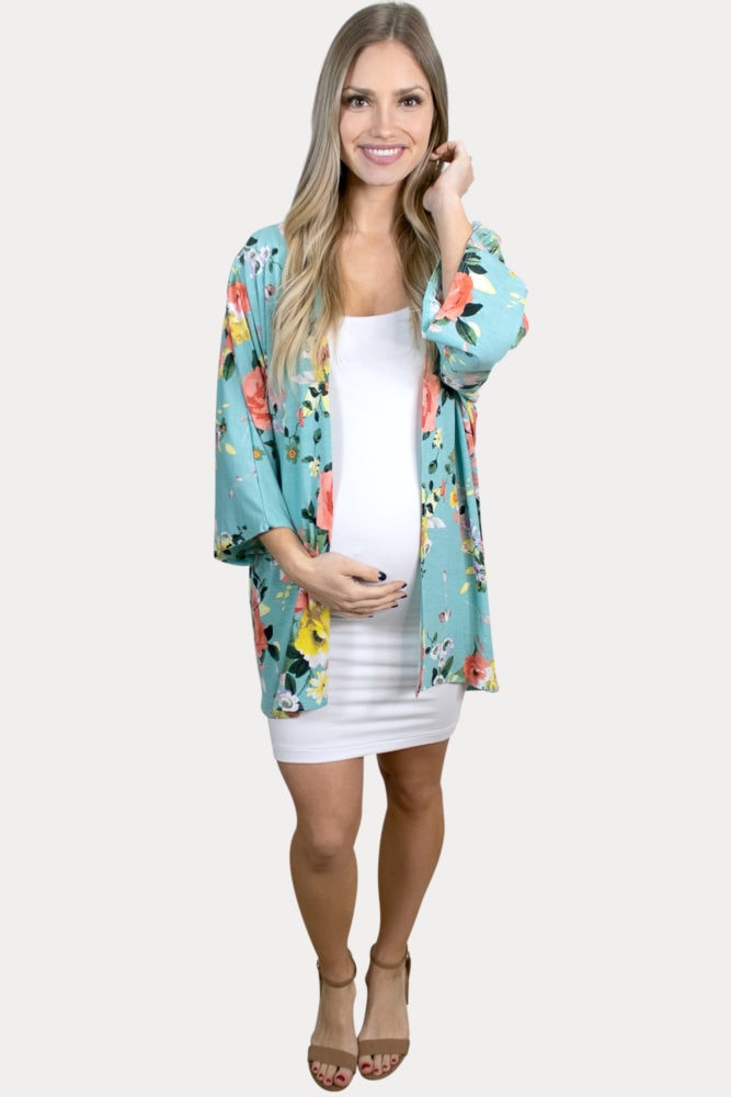 turquoise floral maternity kimono