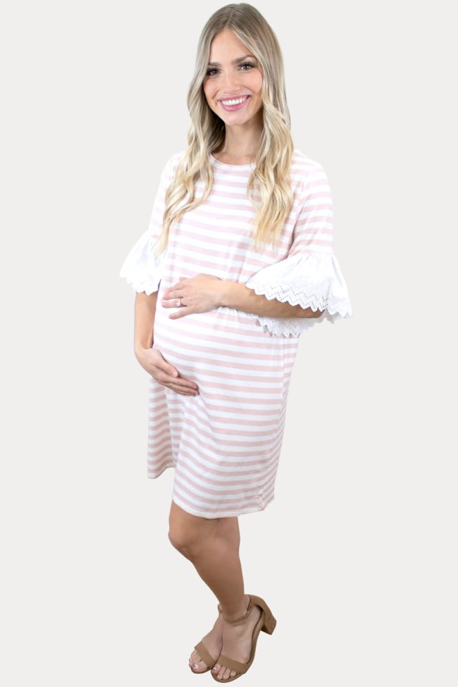 white and pink stripe maternity dress