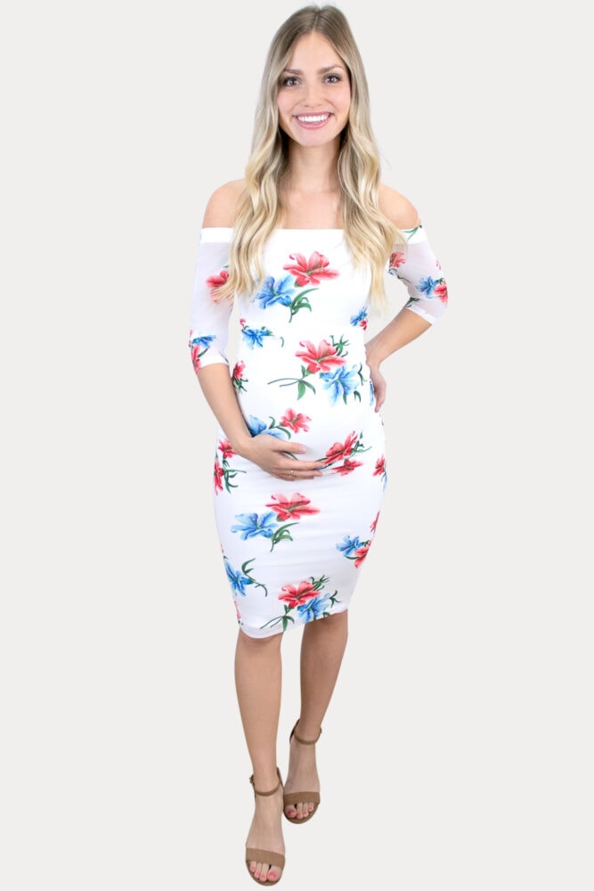 white floral bodycon maternity dress