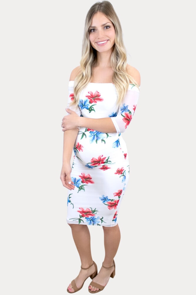 white floral bodycon maternity dress