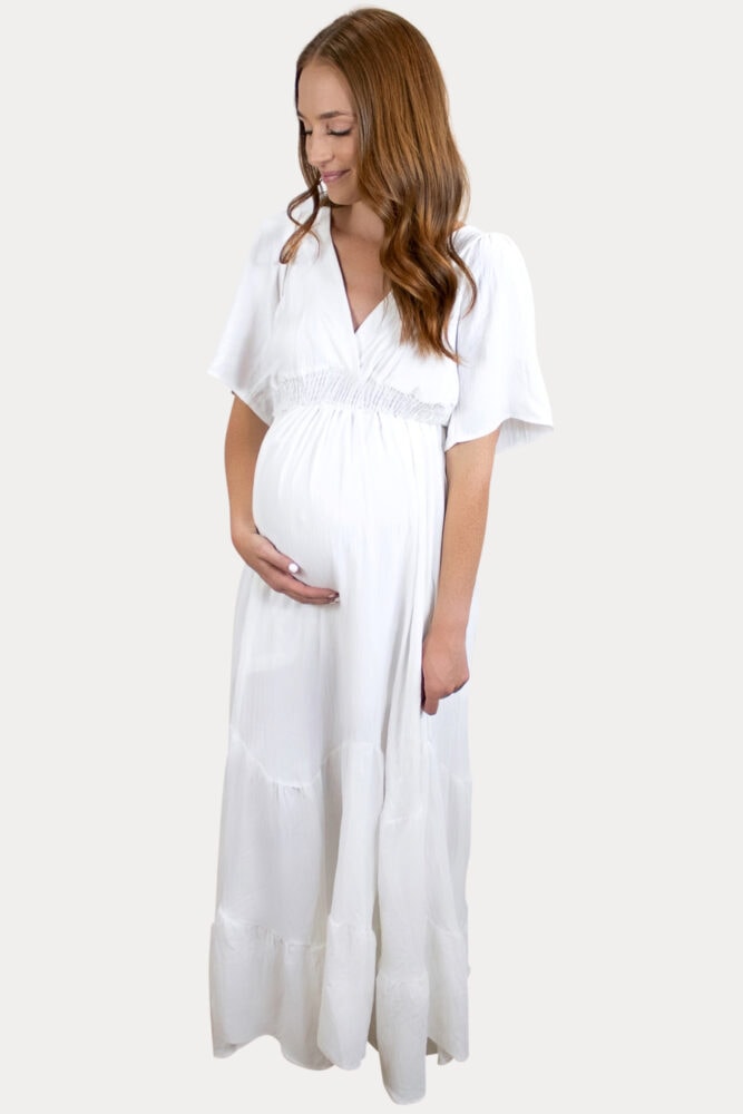 white v-neck maternity maxi