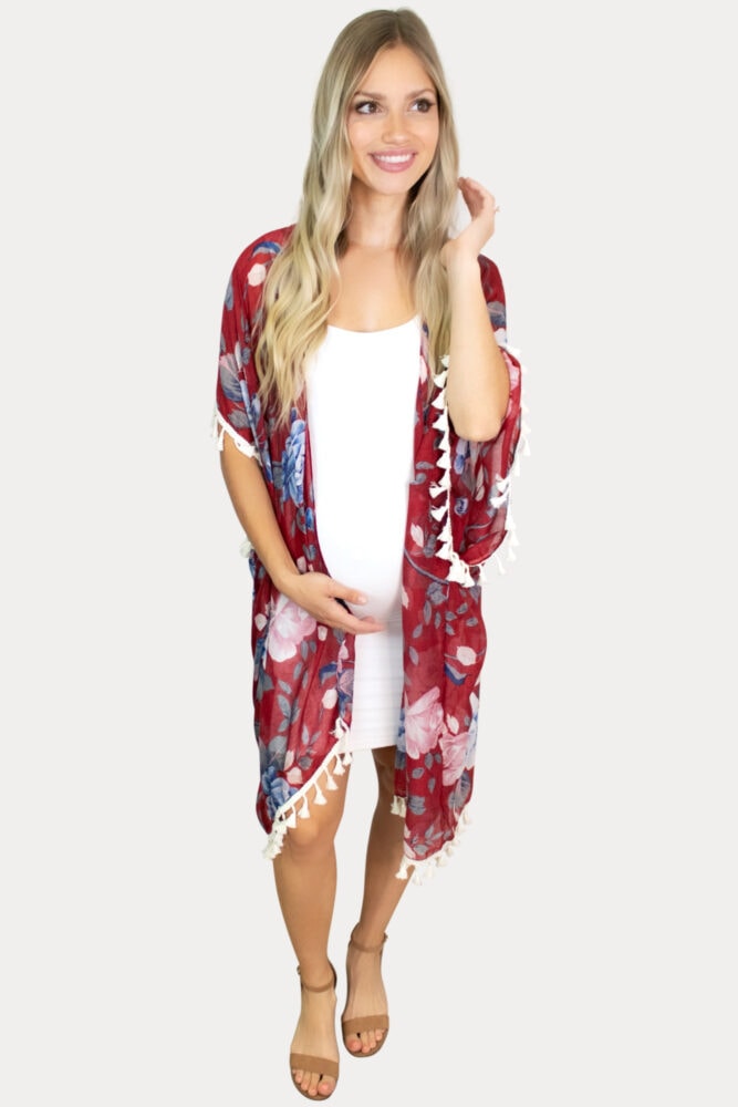 burgundy floral pregnancy kimono