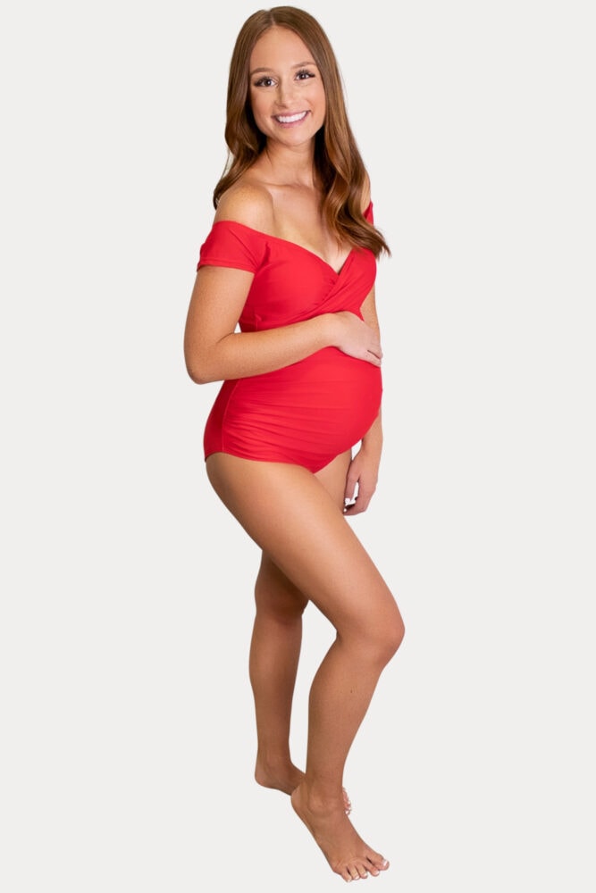 red off the shoulder maternity swimsuit