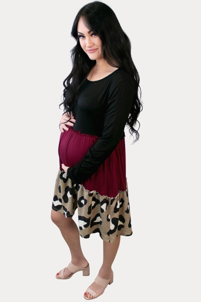 burgundy leopard maternity dress