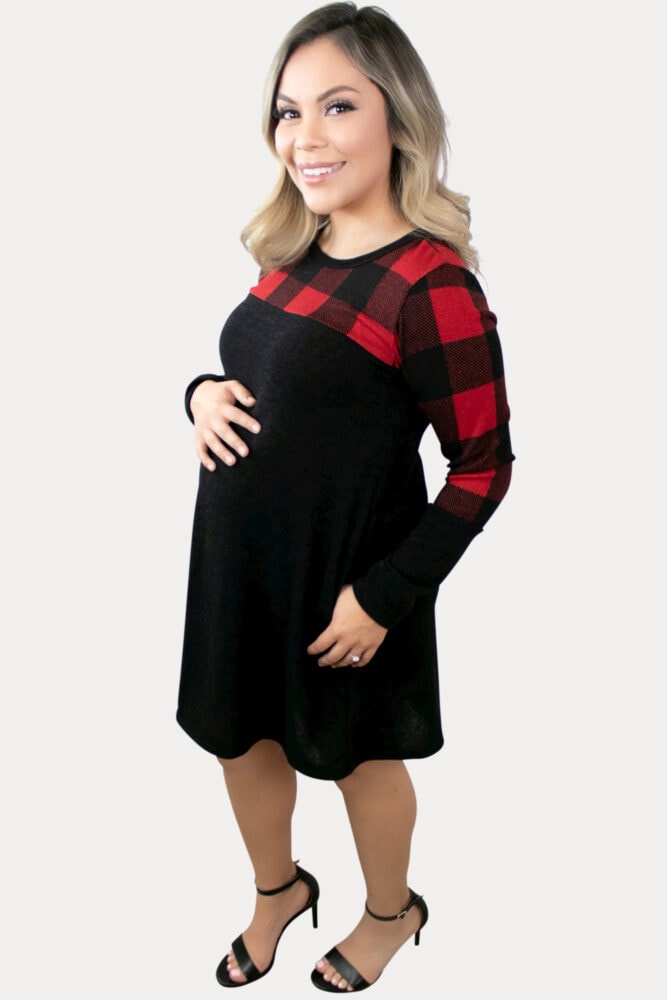 Our buffalo plaid maternity swing dress is a mama wardrobe must!