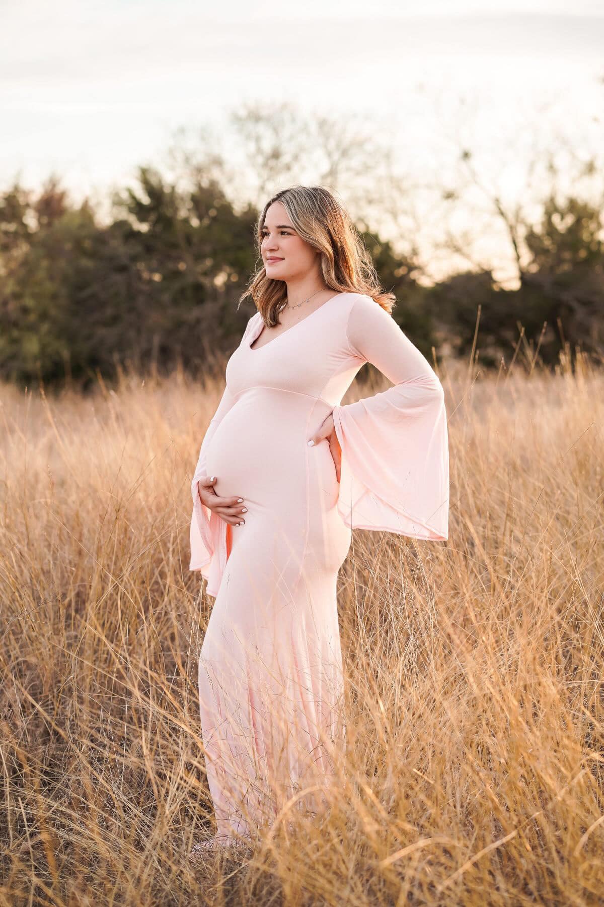 Deep Scoop Bell Sleeve Flare Maternity Gown in Blush Pink