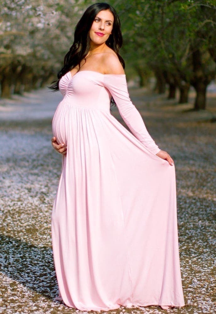 Ruched Long-Sleeve Off the Shoulder Maternity Gown