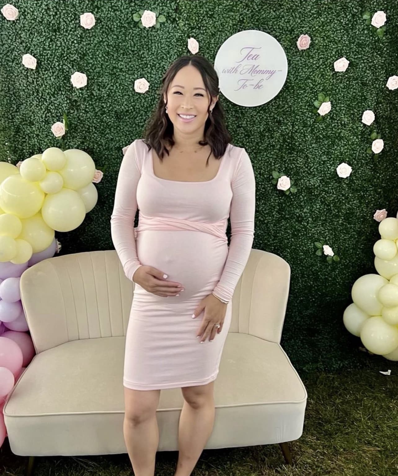 Cross Bust Maternity Dress with Long Sleeves in Light Pink