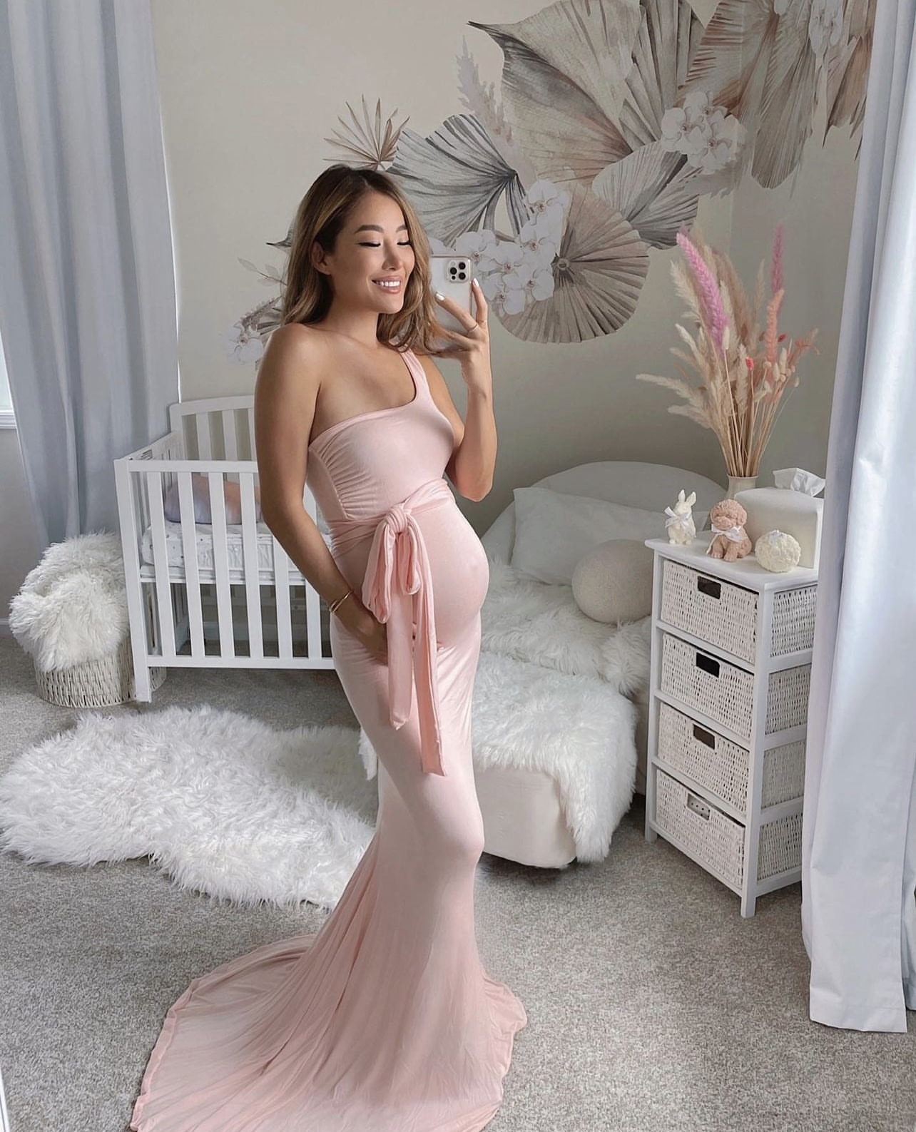 Tie Front One Shoulder Maternity Gown with Mini Train in Pink Blush