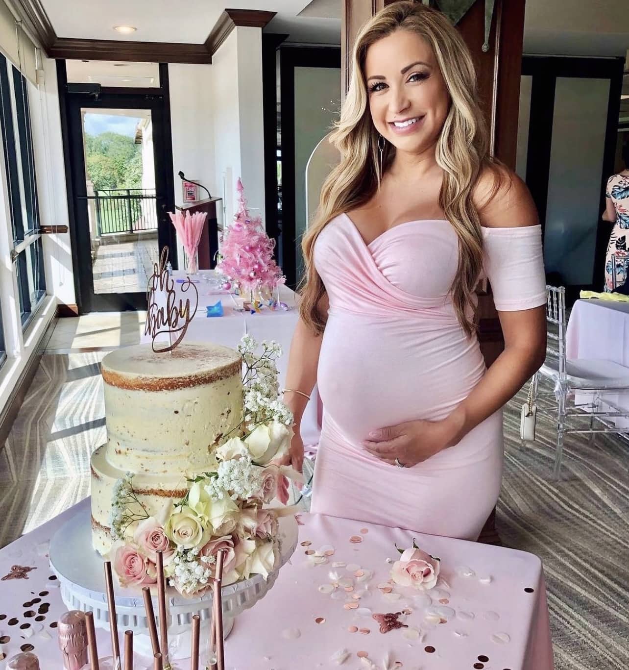 Off the Shoulder Sweetheart Maternity Dress with Short Sleeves in Blush Pink