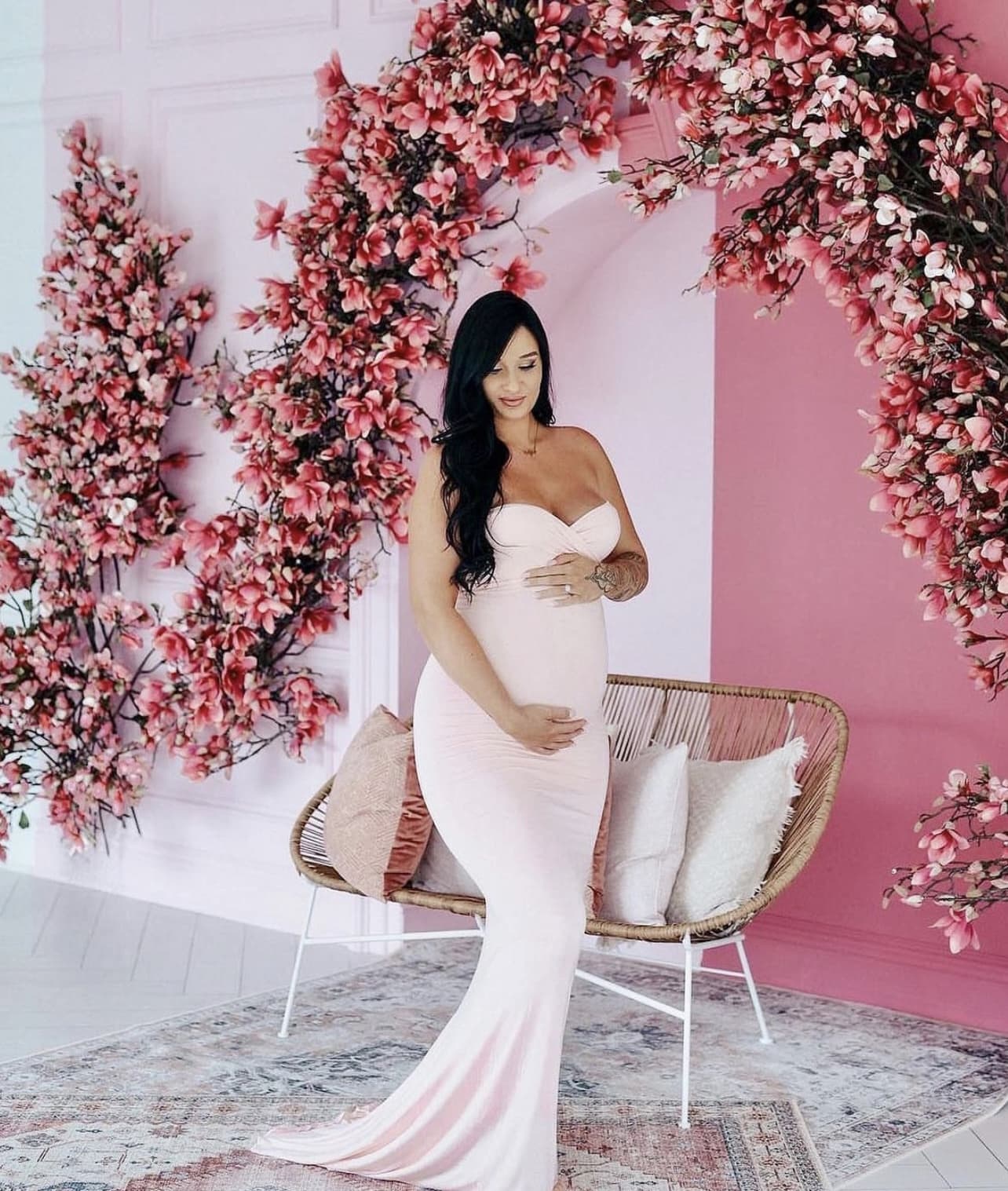 Pink Blush Strapless Sweetheart Maternity Gown with Mini Train