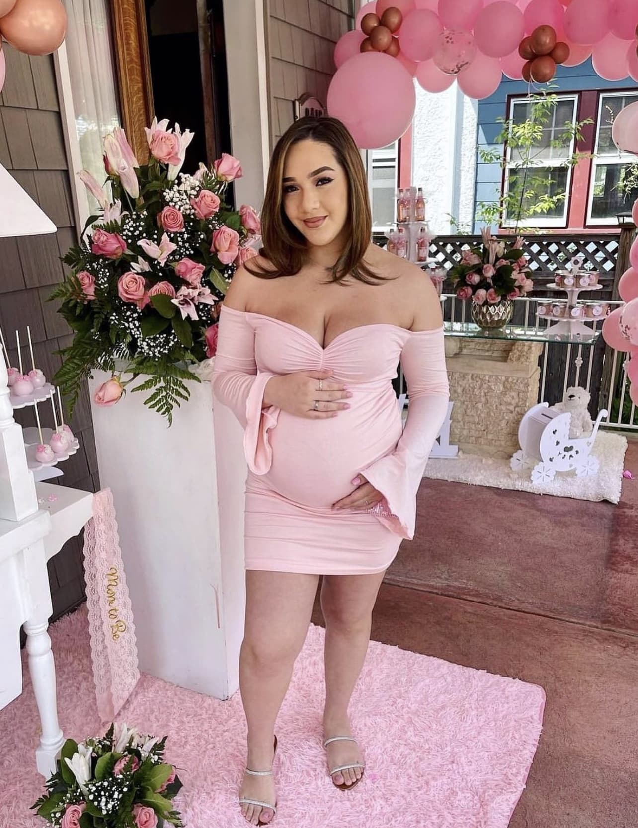 Light Pink Ruched Front Mini Bell Sleeve Maternity Dress