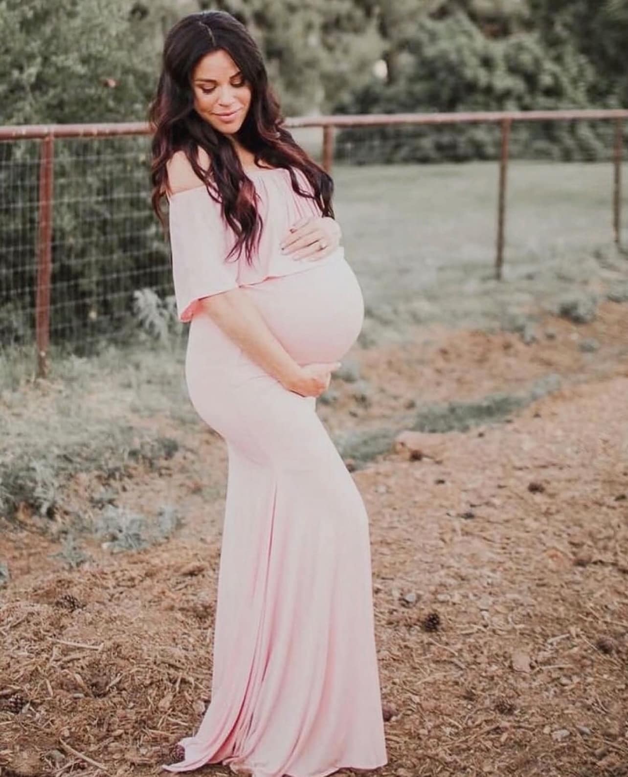 Off the Shoulder Flare Maternity Gown in Pink Blush