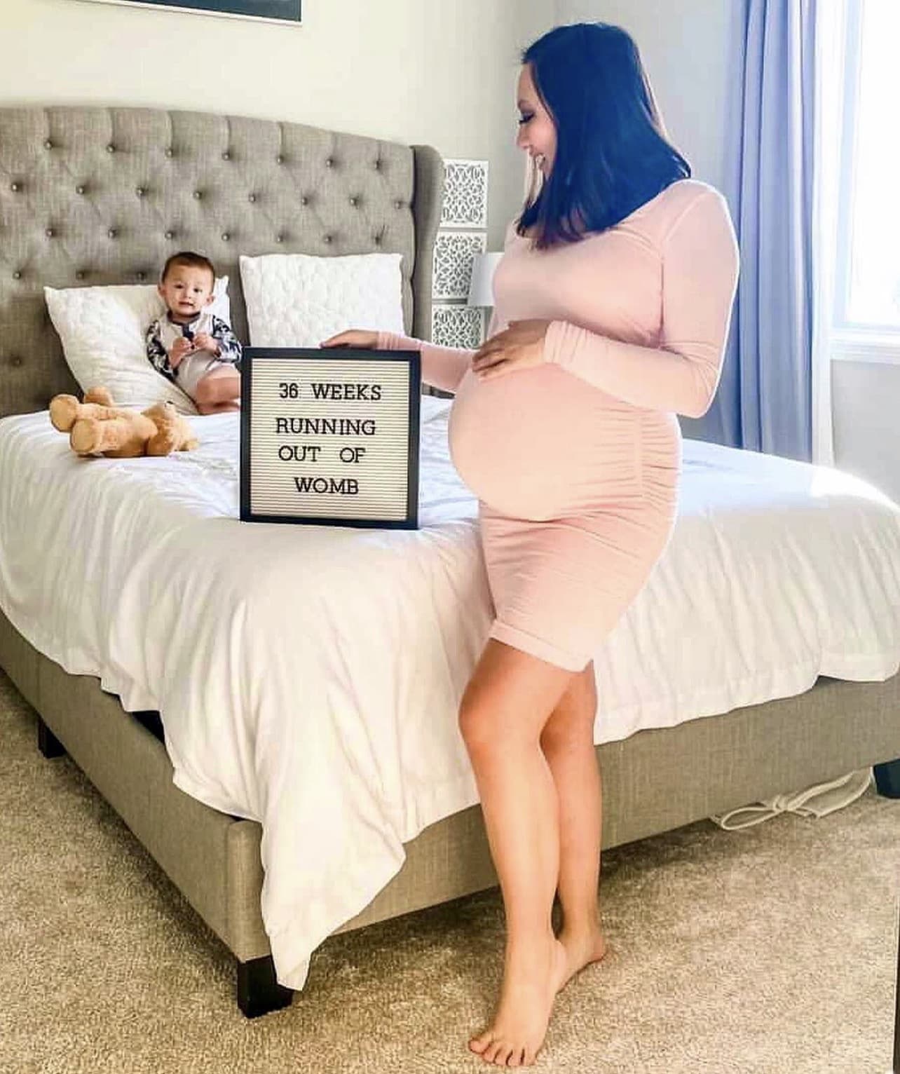 Pink Ruched Mini Maternity Dress with Long Sleeves