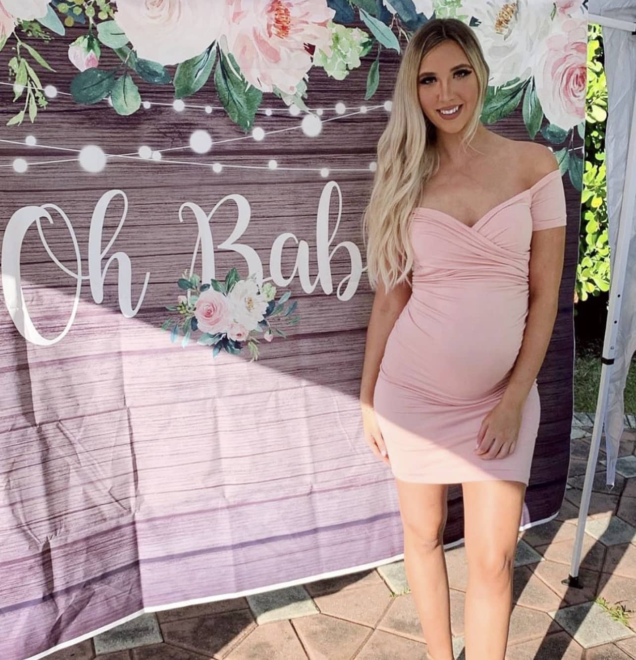 Off the Shoulder Sweetheart Maternity Dress with Short Sleeves in Blush Pink