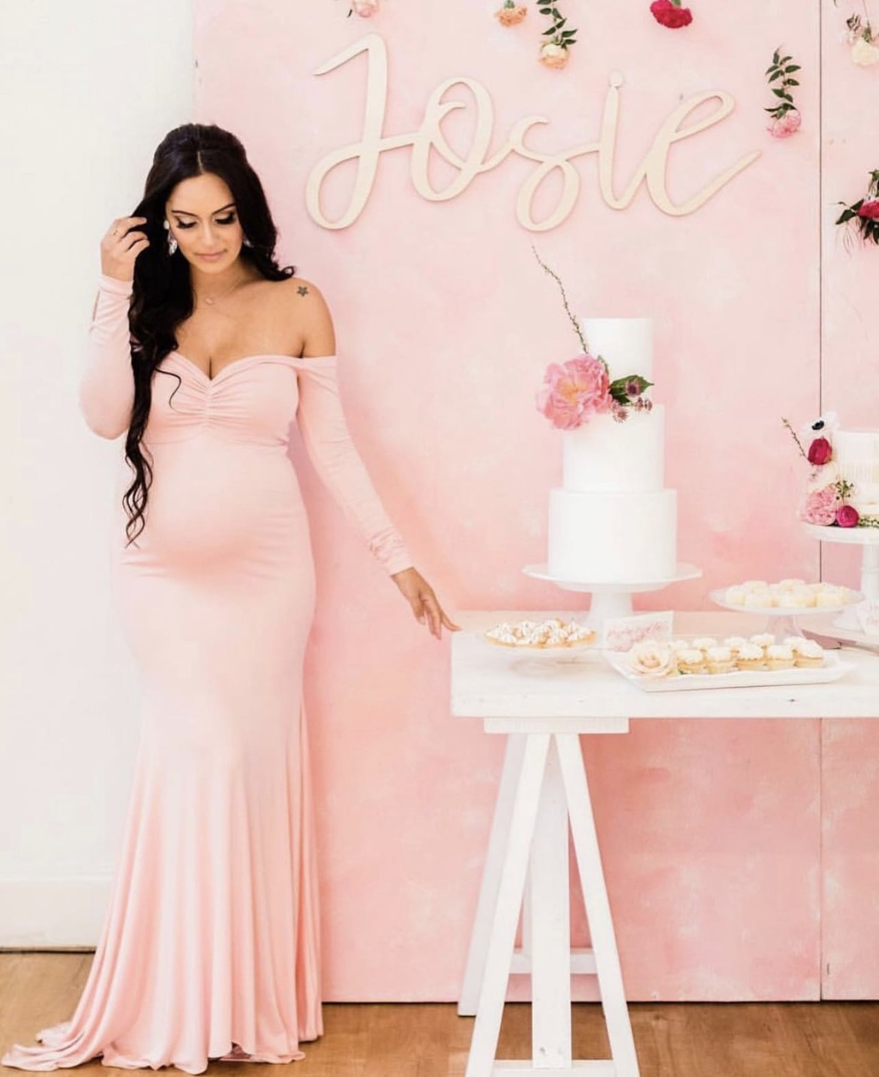 Pink Blush Long-Sleeve Baby Shower Maternity Gown