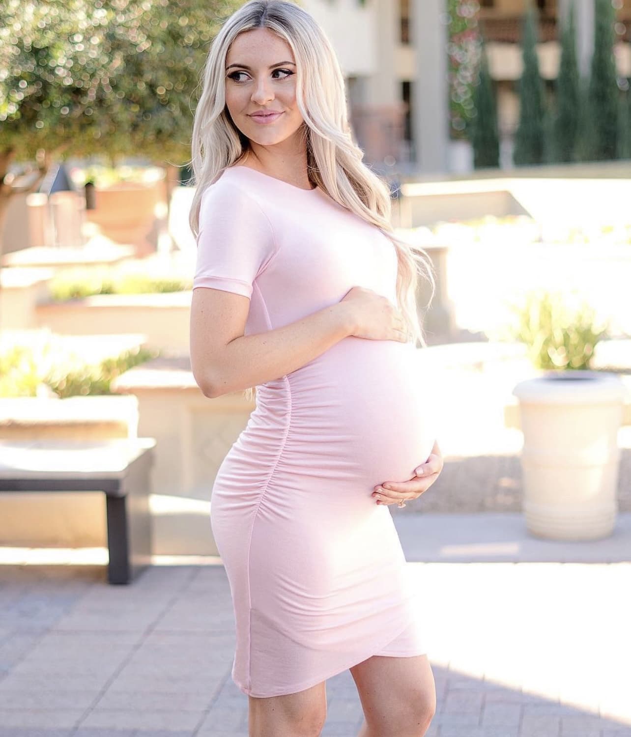 Basic Ruched Maternity Dress with Short Sleeves Pink Blush
