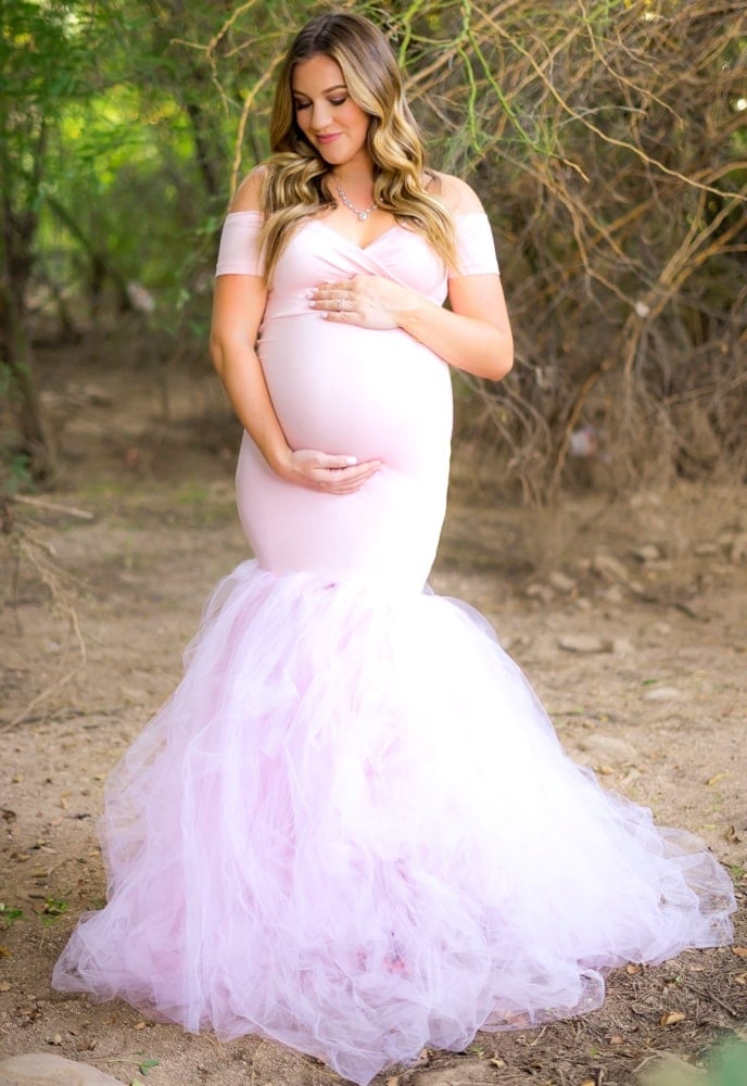 Off the Shoulder Sweetheart Tulle Maternity Gown in Pink Blush