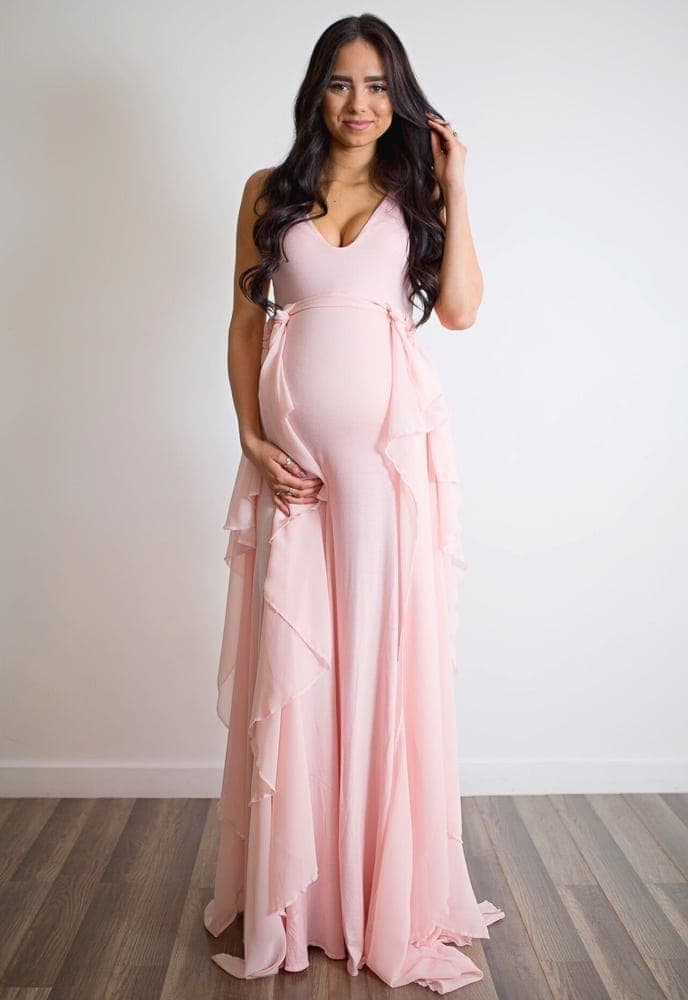 Pink Blush Photoshoot Maternity Gown with Chiffon Waves