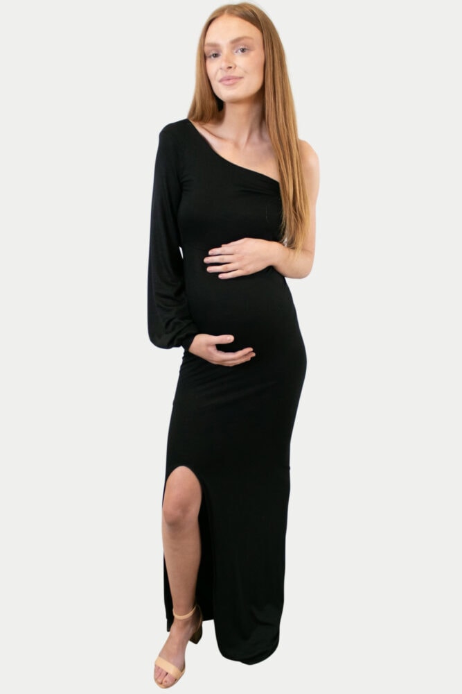 Bishop Sleeve One Shoulder Maternity Gown with Front Slit